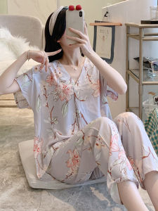 ชุดนอนผ้าไหมน้ำหนักเบาสไตล์เกาหลีสำหรับผู้หญิงในฤดูร้อน ชุดนอนลายการ์ตูน ชุดนอนผ้าฝ้ายผสมสำหรับนักเรียน ชุดนอนสองชิ้น