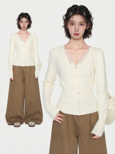 KBVVR | Faux Layered Long-sleeved Knitwear white V-neck