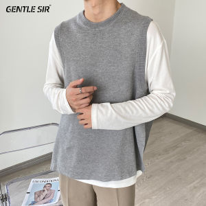 Mens Knitted Loose Fit Thin Sleeveless Vest Spring Autumn Fashionable Solid Color round Neck Youth Trend Casual Wear