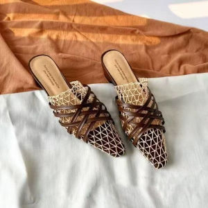Retro Weave Pointed Toe Hollow out Breathable Slip-On Black Mules Ladies Summer Silvery Slippers Square Middle Heel