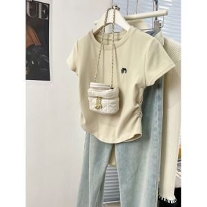 Áo Thun Tay Ngắn Phong Cách Mỹ Dành Cho Nữ Mùa Hè Mới Độc Đáo Thêu Ngắn Thắt Eo Gợi Cảm Áo Lót Cổ Tròn Cotton Polyester