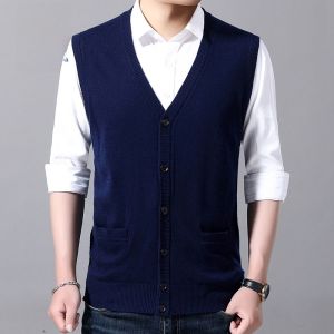 ROMON | Lormen Mens Knitted Wool Sweater Vest Autumn Winter New Style Dad Clothes Open Cardigan Sleeveless Shoulder Pad Vest