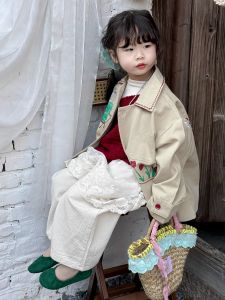 New Autumn 2025 Korean Style Artistic Loose Straight Leg Pants for Girls Embroidered Curtain Pure Color Versatile Childrens Clothing