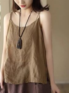 เสื้อกั๊กคอวีผ้าลินินผสมผ้าฝ้ายสไตล์ญี่ปุ่นฤดูร้อนสำหรับผู้หญิง เสื้อชั้นในสายเดี่ยว เสื้อชั้นในคอวี ทรงหลวม สีพื้น