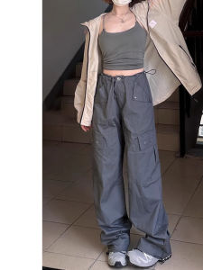 Retro American Work Pants Women High Waist Loose Thin Wide Leg Casual Pants Summer Style Commute Korean Version Pocket Detail