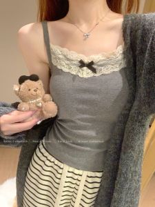 Miu Style Lace Splice Butterfly Knot Strap Vest Women Spring Summer Pure Desire Layered Wear Bra Pad Included Short Top