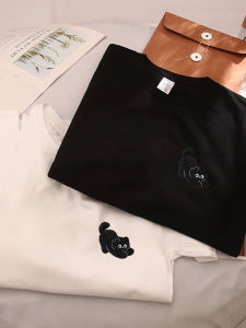 เสื้อยืดแขนสั้นผ้าฝ้ายแท้ปักลายแมว ทรงหลวม สไตล์ลำลอง ฤดูร้อน 2025 เสื้อตัวบนแฟชั่นสำหรับทั้งชายและหญิง