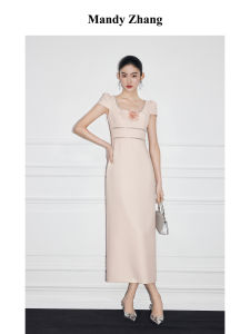 Luxury Rose Bow Acetate Pink Sleeveless Maxi Dress with Rhinestones
