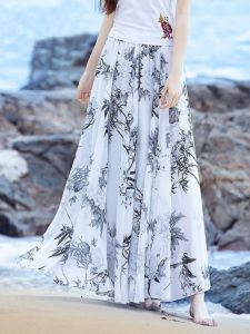 High Waist Midi Skirt Chiffon Dance Fairy Beach Long Skirts Women Summer Korean Version Retro Print A-Line Skirts