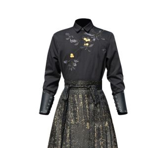 New Chinese Style Daily Shirt And Horse Trousers Set for Men Black Handsome Hanfu Commuting Suit Casual Youth Polyester Fiber