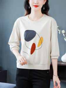 Fashionable Casual Womens Seven-Quarter Sleeve Sweatshirt Loose round Neck T-Shirt Autumn Wear Versatile Moms Top