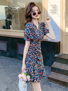 Elegant Fashion New Summer Dress Small Batch Puff Sleeve Flared Waist Floral Design