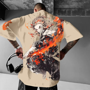 Bandai | Oversized Khaki Cotton T-Shirt Demon Slayer Rengoku Back Print White Hair Flame Sword Orange Fire Pattern Casual Streetwear