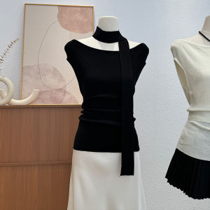 Knit Sleeveless T-Shirt Women Summer New Style High-End Feel One-Shoulder Hanging Neck Unique Beautiful Top Korean Style Commute Pure Color