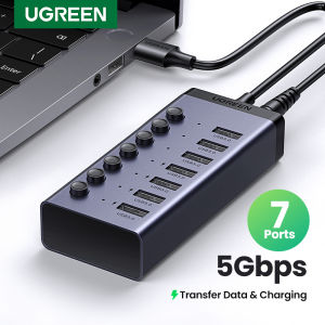 【EU Plug】UGREEN USB Hub 3.0 Powered USB Hub 7 Port Individual Splitter and LED Indicator 12V/2A Aluminum Dock Station for PC Laptop Mac MacBook Pro/Air