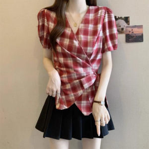 Shalldoer | Fashionable Butterfly Knot Tie V-neck Short Sleeve Shirt Womens New 2025 Summer High Design Plaid Top Casual Style Slim Fit