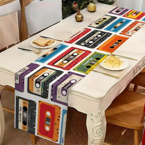 1-Piece Retro Cassette Print Table Runner Washable Rectangular Table Runner for Party & Daily Dining Table Atmosphere Decor