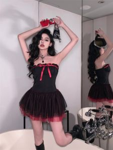 Váy Xòe Hở Lưng Gợi Cảm Punk Design Butterfly Knot Cho Nữ Mùa Hè 2024 Váy Midi Không Tay Cạp Cao Bằng Polyester