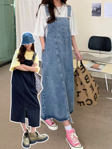 2024 New Arrival Denim Casual Irregular Slit Denim Suspender Skirt Womens Spring and Summer Loose Slimming Long Suspender Dress