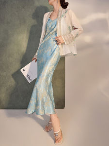 AYOMIS Blue Gold Bamboo Pattern Embroidery National Style Strap Long Dress Womens Inner Wear Dress Summer New Chinese Style Slimming