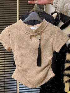 New Chinese Style Button up Top Women Summer Short Sleeve T-Shirt Inner Wear Base Shirt Gradient Pattern Creative Design