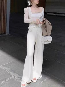 PEIXI | White High Waist Straight Leg Knit Trousers