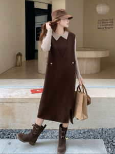 Caramel Knitted Dress Set Womens Fashionable Casual Style Long Sleeve Loose Fit Natural Waist Straight Tube Skirt Two-Piece Suit