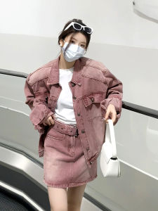 Spring Vintage Denim Set Women Loose Long Sleeve High Waist Straight Short Skirt Two Piece Set Comfortable Cotton Polo Collar Button