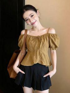 AIYITI | Áo Ngắn Tay Carô Dáng Crop Không Đều Một Bờ Vai