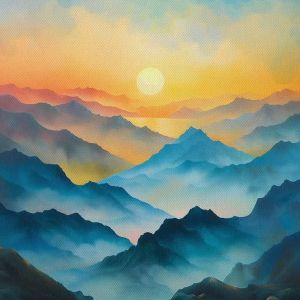 Tranh mặt trời mọc trên núi phong cảnh bình minh núi non hùng vĩ.Tranh treo tường dán tường phong thủy.CGI-949