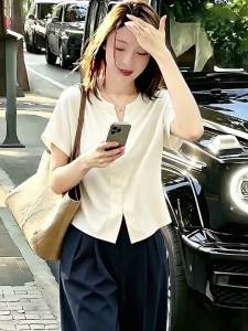 Slim V-neck Satin Short Sleeve Blouse
