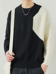 ROMON | Loose Fit Round Neck Knitted Sweater For Men Casual Style Color Block Design Spring Autumn New Arrival Comfortable Knitwear