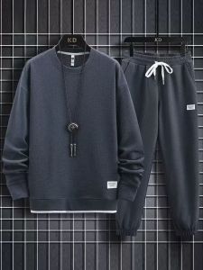 ROMON | Lormen Mens Casual Round Neck Two-Piece Set Spring Autumn New Style Sweatshirt Long Sleeve Polyester Fiber Youth Outfit