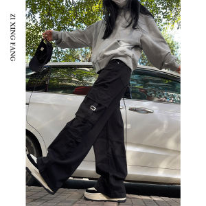 กางเกงขายาวทรงตรงเอวสูงสีดำ กางเกงขายาวทรงหลวมสไตล์ย้อนยุคสไตล์อเมริกันสำหรับผู้หญิงในฤดูใบไม้ร่วงและฤดูหนาว