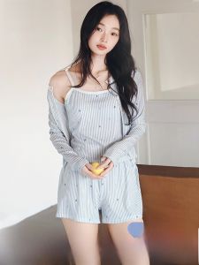 Miiow | Catwoman Summer Ice Silk Sleepwear Womens Strap Home Clothes Set With Chest Pad Cartoon Pure Noble Short Pants Three-piece Set