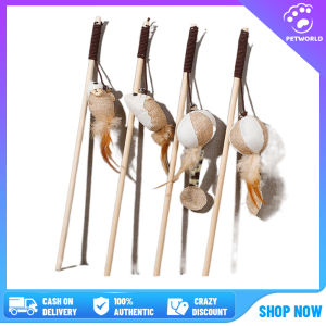 【In Stock】Pet Cat Stick Puppy Teaser Bell Feather Retractable Wood Stick Rod Funny Interactive Toy