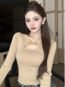 New Chinese Style Low Collar Bottoming Knitwear Womens Inner Fur Fall and Winter French Style Tight Waist Short Sweater Fake Two-Piece Tops