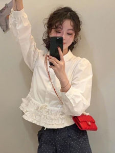 Áo Sơ Mi Cổ Polo Tay Dài Màu Trắng Rộng Rãi Eo Thắt Nơ Phong Cách Ngọt Ngào Giảm Tuổi Mùa Xuân Hàng Mới Về Thương Hiệu Không Có