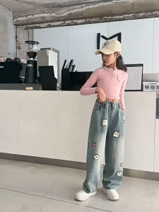 New Jeans Pants For Kids Girls 6-15yrs Wide Leg Maong Pants Denim Pants Fashion Cute Cartoon Embroidery Elastic Waist High Quality Trendy Korean Style ootd