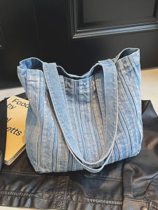 Large Capacity Denim Shoulder Bag Womens Trendy Minimalist Tote Handbag Casual Pure Color Soft Handle Zipper Closure Bag