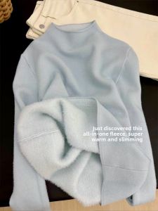 PEIXI | Áo Sweater Cổ Rùa Tay Dài Bềnh Bồng Chất Velvet Màu Xanh