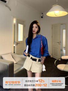 Blue Polo Neck Shirt Womens Spring Thin Sun Protection Slimming Outerwear Cotton Pure Color Commute Style Korean Version