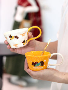 ชามกาแฟลายการ์ตูน Adorable Home Use Small Capacity Long Handle Color Block Design พร้อมช้อน อุปกรณ์ดื่มกาแฟแบบญี่ปุ่น