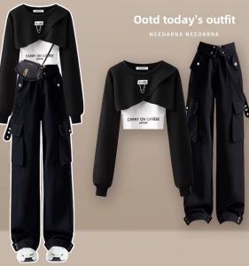 Cotton Sports Fashion Set for Women New Arrival Long Sleeve Sweatshirt with Suspenders Work Pants Two-Piece Set