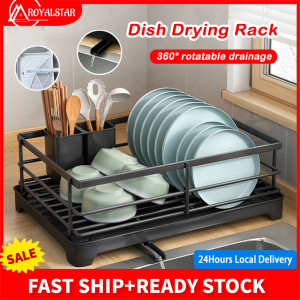 Royalstar 2 Tier Dish Drying Rack with Drip Tray Foldable Dish Plate Drying Rack Organizer Carbon Steel Tableware Shelf Drainer Kitchen Dish Drainer