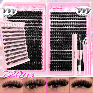 Natural Looking Eyelash Cluster Set 720/200pcs with 80D & 100D Options Soft Durable Lashes Includes Wearing Tools Two Styles