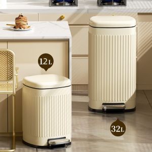 6L/8L/12L/20L/32L Rectangular Trash Can with Lid Silent Soft Close Trash Waste Bin Stainless Steel Garbage Can with Removable Inner Bucket Step Pedal Trash Bin for Bathroom Kitchen Bedroom Office