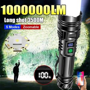 High Power LED flashlight rechargeable heavy duty type c long range flashlight waterproof strong light Tactical flash light super bright torch light outdoor camping lamp Ultra bright touch light Powerful flashlight waterproof fishing laser light gift box