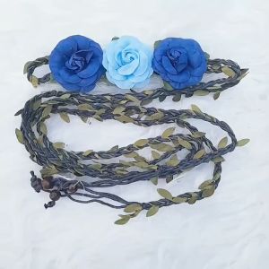 Đai váy dây vải 3 bông hoa tua rua hạt gỗ dây thắt lưng hoa vải tết gắn lá