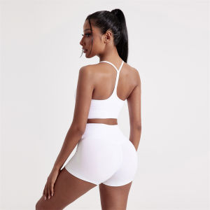 สีทึบนุ่มผู้หญิงยิมโยคะสั้นชุดเซ็กซี่ข้ามกลับ Y Shine กีฬา Bra + กีฬาเอวสูงสั้นกางเกงขายาว 2 pc แน่นกีฬา